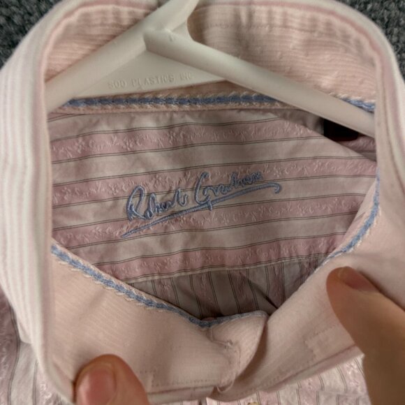 Robert Graham Button Up Shirt Cotton Pink Striped 16 Textured Floral Intricate - Picture 8 of 16